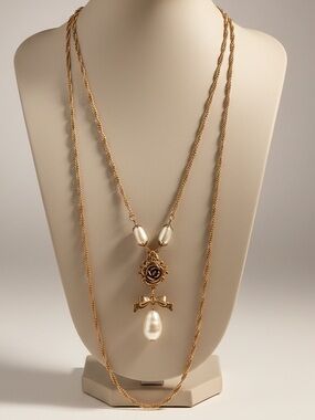 Victorian Revival Double Strand Lavalier Necklace with Faux Pearl Drop